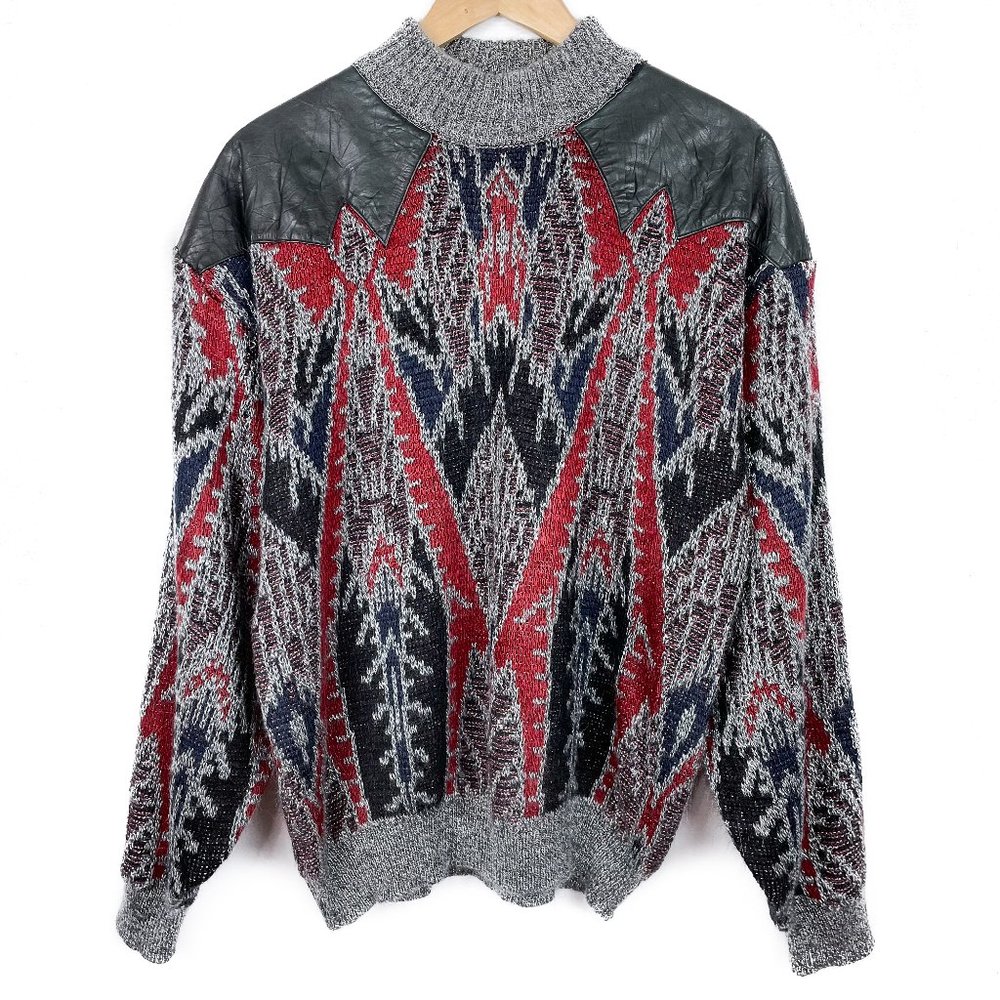 VTG Oversized Pattern Sweater w/ Leather Accent L